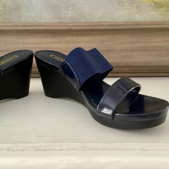 Chaps Shoes Women's Size 7.5 Navy Blue Slides Wedge Slip-on Sandals Elastic Top - Picture 9 of 10